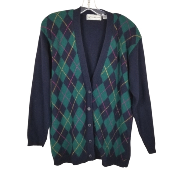 Evan Picone Womens Argyle Lambs Wool Angora Cardigan Sweater Medium Blue Green - Picture 1 of 8
